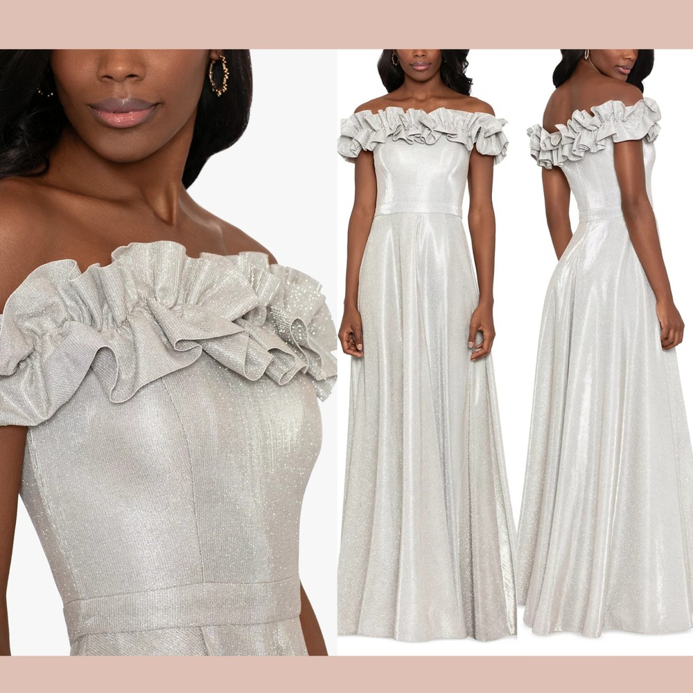NWT $329 XSCAPE [ 10 ] Metallic Off Shoulder Ruffle Gown in Taupe Silver‎ #S2064